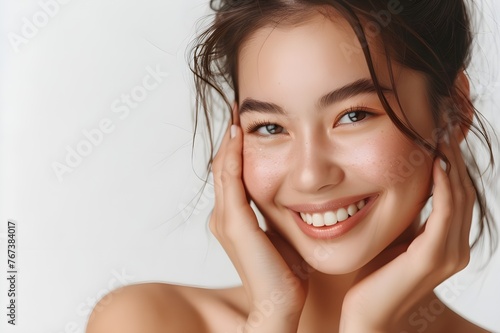 Portrait of young beautiful woman with perfect smooth skin. Concept of natural beauty, cosmetology, cosmetics, skin care. photo