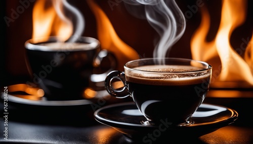 Two steaming coffee cups set against a warm  fiery backdrop  exuding a sense of coziness and rich aroma  perfect for cafe and warmth concepts.