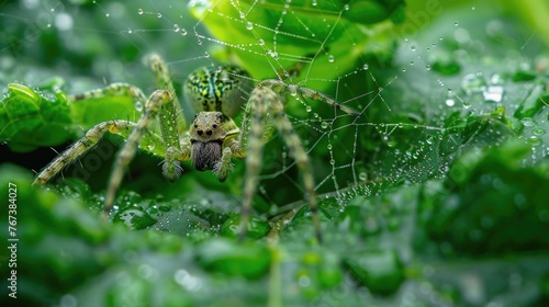 Close interaction of a spider weaving its web among green leaves, showcasing the symbiotic relationship between the arachnid and its plant host in the wild
