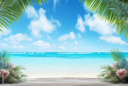 Empty wooden surface by sea  tranquil beach  palm trees. Copy space for custom message.