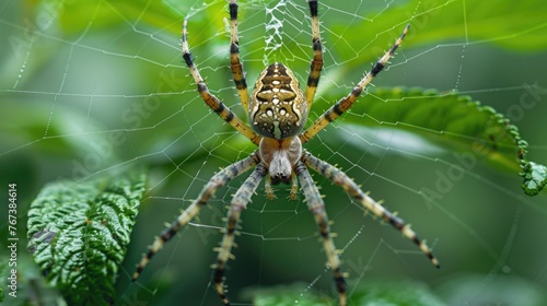 Close interaction of a spider weaving its web among green leaves, showcasing the symbiotic relationship between the arachnid and its plant host in the wild