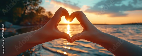  Close-up of a kid s hands forming a heart shape around a summer sunset love of vacation photo