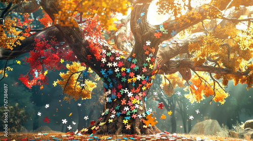 A magical big tree in the rays of the sun, decorated with colored puzzle pieces #767384697