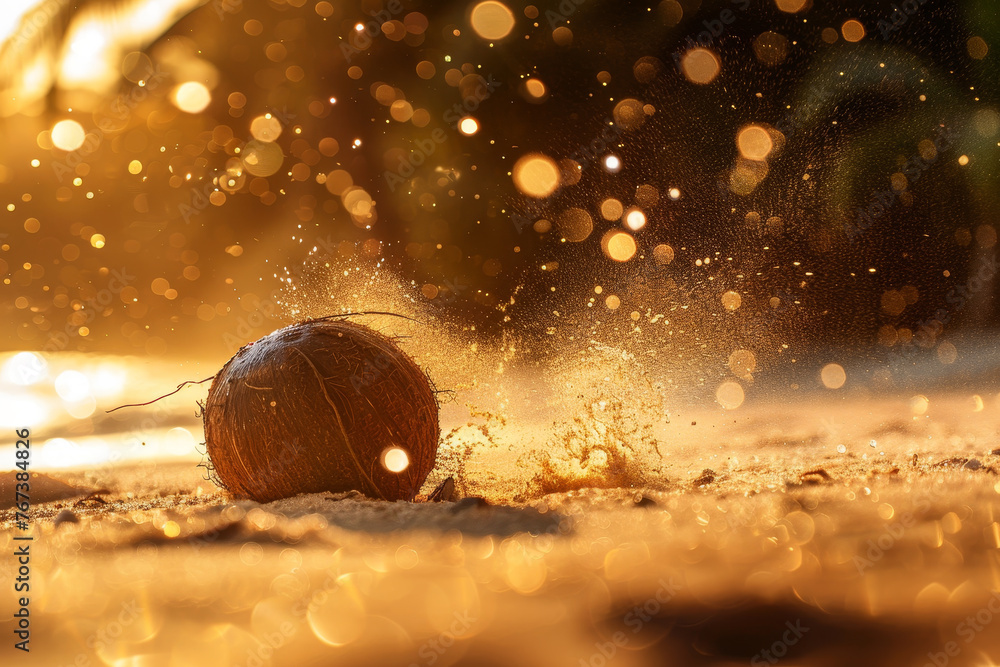 A detailed image of a coconut falling towards a sandy beach, water droplets flying off it