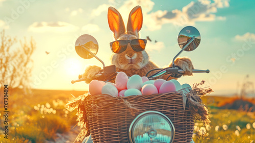 A cool rabbit in sunglasses on a motorcycle rides a motorcycle at sunset and carries a basket with a bunch of Easter eggs