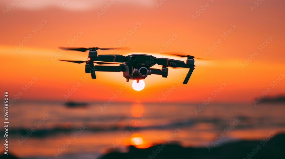 Flying Camera Capturing Sunset Reflections on Water - obrazy, fototapety, plakaty 