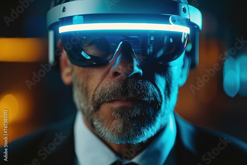  Close-up of a businessman wearing a VR headset