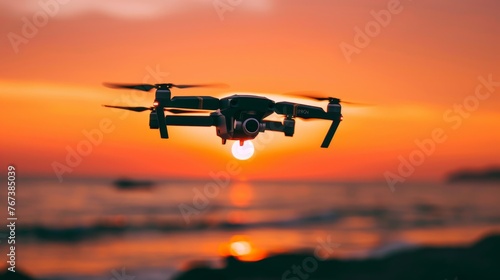 Flying Camera Capturing Sunset Reflections on Water