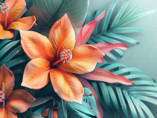 Close-up of a 3D-rendered tropical flower hair accessory