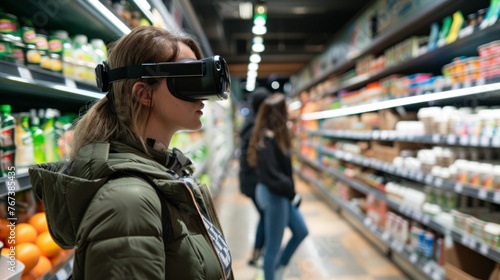 woman shopping in a supermarket with real virtual reality glasses in high resolution and quality
