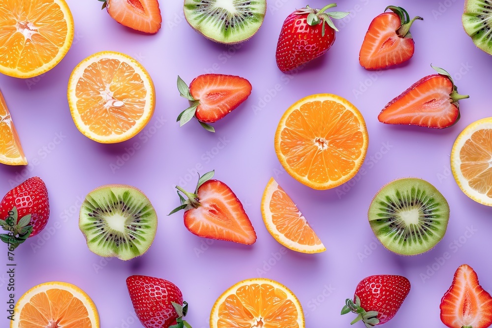 Pattern of ripe slices of different berries on purple background Pattern of ripe slices of different berries on purple background
