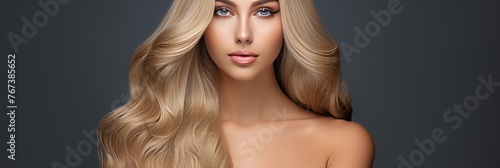 Beautiful woman with shiny long blonde well-groomed and healthy hair. Grey background. Copy space.