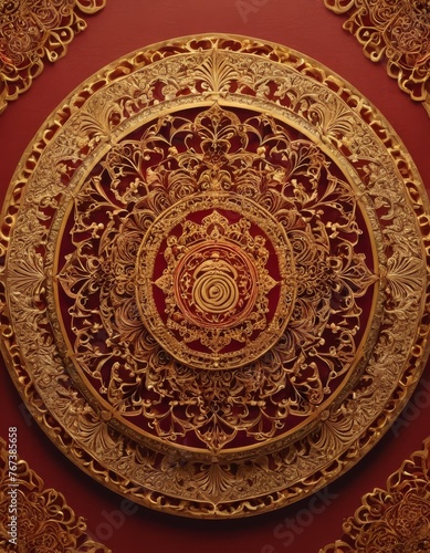 A sumptuous red and gold carved wooden mandala, radiating luxury and traditional craftsmanship, suitable for luxurious decor themes.