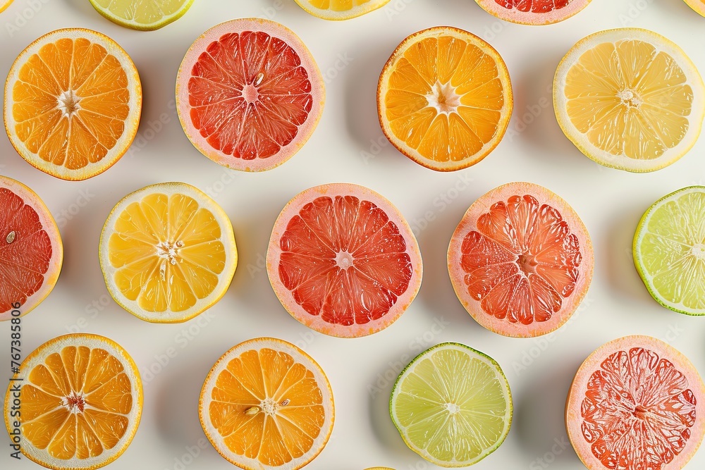 Pattern of ripe slices of citrus fruits on white background Pattern of ripe slices of citrus fruits on white background