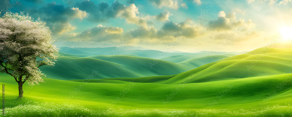 Green grass Meadow field with 1 tree. Panoramic mountains view natural sun light background. copy space banner