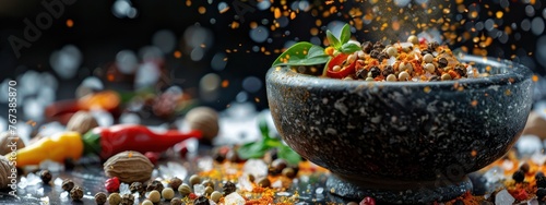  A close-up of floating exotic spices around a mortar