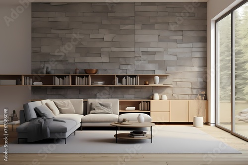 Experience the seamless integration of a 3D wall mockup in a modern Scandinavian living room, where form and function coalesce in a visually appealing composition. © CREATER CENTER