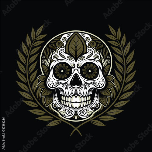 Dead day party, sugar skull or halloween holiday. Traditional mexican music festival, fun bright dance vector characters. Halloween Dia De Los Muertos Celebration. Vector Color Tattoo. Skull gothic. (ID: 767386286)