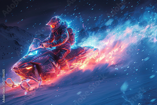 An illustration of an athlete on a snowmobile. Extreme sports. Design of clothes, albums, notebooks. Sports banners © Irina