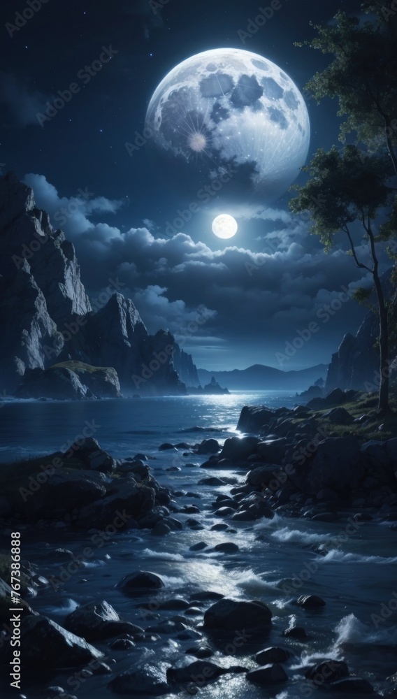 Wallpaper mountainous landscape illuminated by moonlight