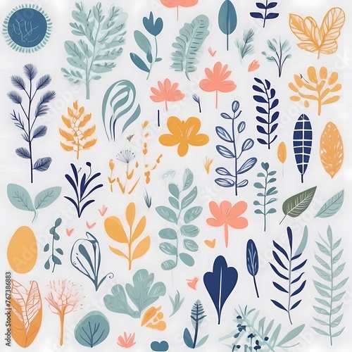 A collection of seamless pattern, colorful abstract plants and flowers. Hand drawn Collection of leaves and flowers. A close up of a pattern of flowers and leaves. 