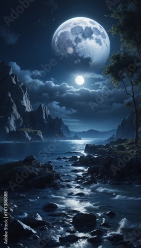 Wallpaper mountainous landscape illuminated by moonlight