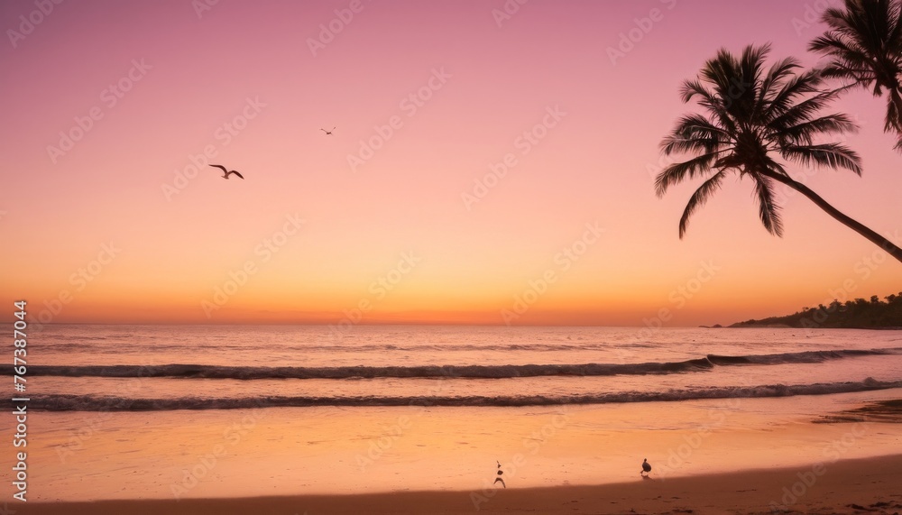 A serene beach scene at sunset, with silhouetted palm trees, gentle waves, and distant birds, evoking a sense of peace and natural beauty.