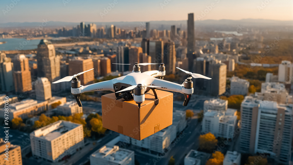 drone flies with a box over the city innovation drone flies with a box over the city innovation
