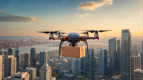 drone flies with a box over the city modern
