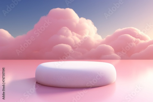 White round podium standing out against the stunning vibrant pink clouds in the sky. For product presentation © firax