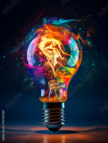 Electric Bulb with Cosmic Color Explosions, Dark Blue Background, Innovation Concept