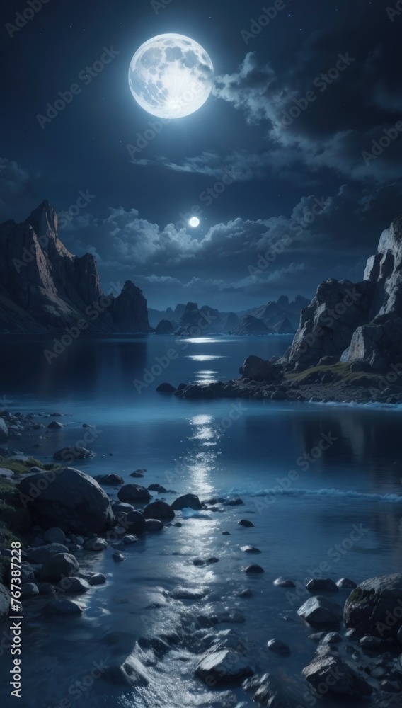 Wallpaper mountainous landscape illuminated by moonlight