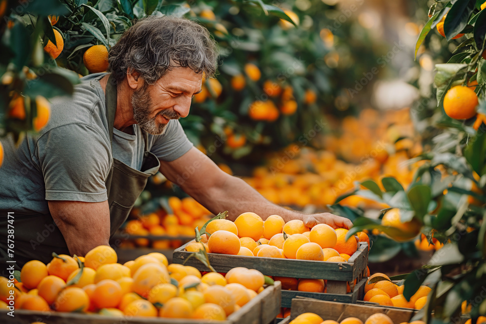 male worker harvests ripe orange tangerines in boxes on a plantation on orchard