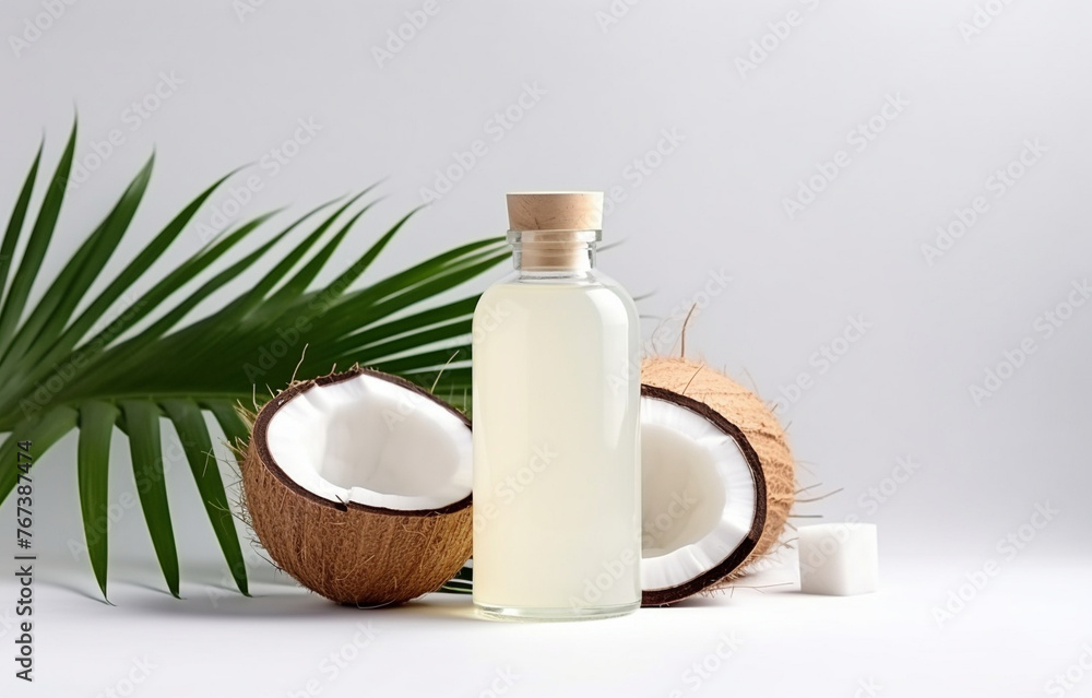 coconuts and coconut oil with tropical leaves onwhite bathroom b coconuts and coconut oil with tropical leaves onwhite bathroom b