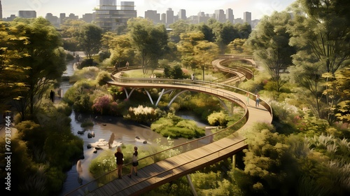 Eco-friendly urban park design with sustainable materials and lush greenery © CREATER CENTER