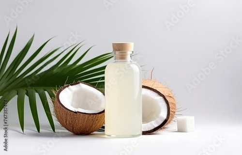 coconuts and coconut oil with tropical leaves onwhite bathroom b