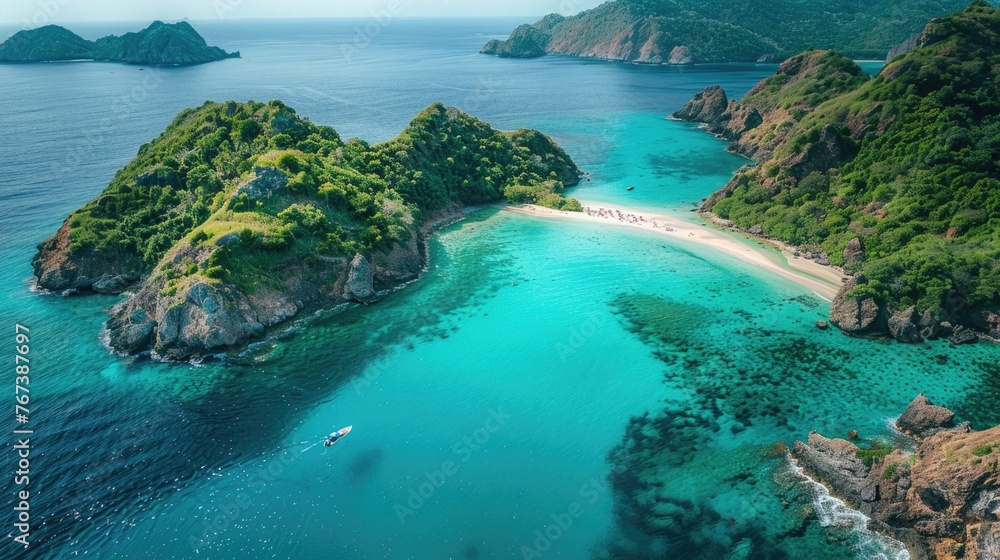 Aero view on Tortuga Island, revealing the island's lush greenery against a backdrop of crystal-clear waters that shimmer under the sunlight, emphasizing the pristine and untouched beauty of nature