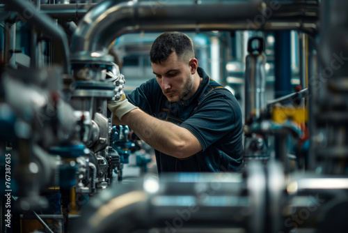 A muscular plumber working in a factory, maintaining industrial plumbing systems.