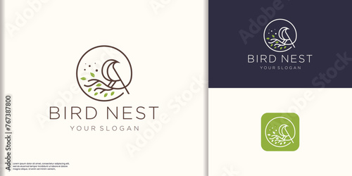 minimalist bird nest logo design. inspiration bird and nest leaf nature with circle frame line concept. photo