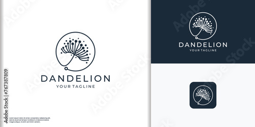 minimalist dandelion line logo with circle frame shape design concept.