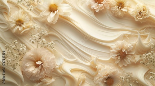 Beautiful cream background with flowers, top view