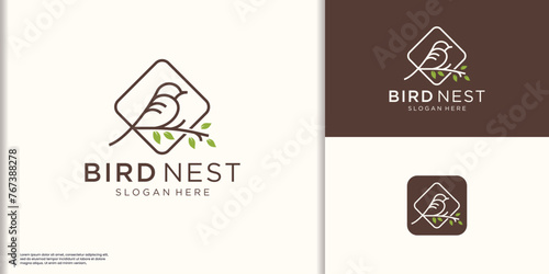 bird's nest logo design, twisted from thin twigs line with a leaf and bird frame line art style