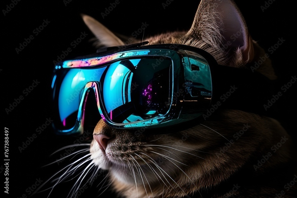 Cute cat in ski goggles on black background