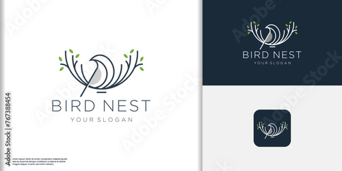 minimalist line Bird's and nest leaf logo design concept.