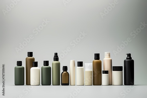 A collection of minimalist skincare product bottles, arranged neatly with copyspace on clean, blank labels for customization. (Replace green color). 8k, photo