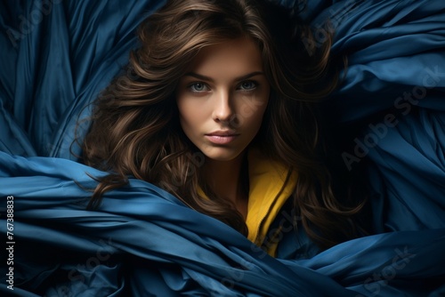 Portrait of a beautiful young woman lying gracefully covered with elegant blue cloth