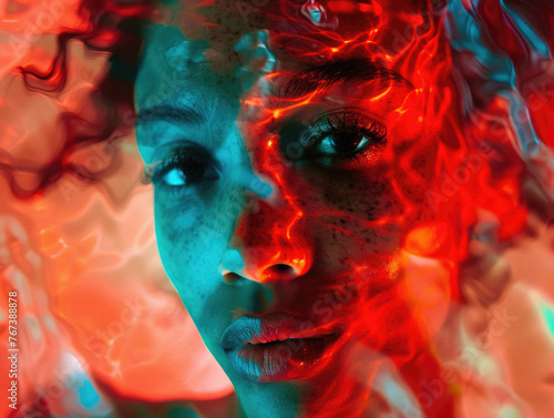 A woman s face is reflected in a red and blue background