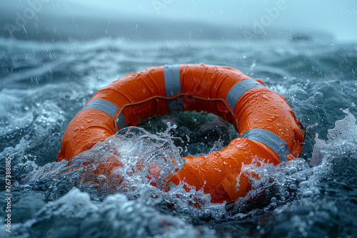 A life preserver tossed to someone struggling in rough waters. Concept of offering support in crisis. Generative Ai. © Sebastian