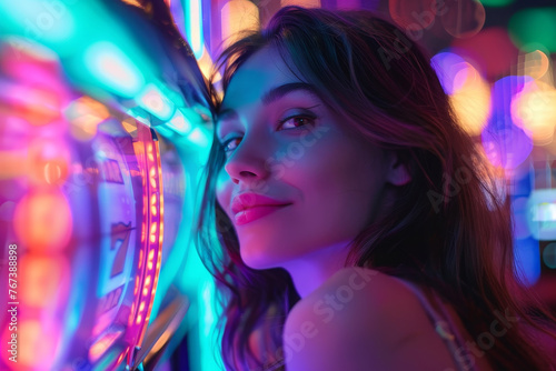 close-up of a beautiful woman at a casino, her face lit up with the thrill of the game as she plays at the slot machines.