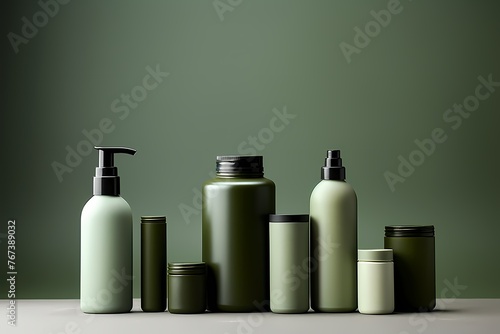 Clean and modern skincare product bottles in various shapes and sizes, arranged neatly with copyspace on blank labels for customization. (Replace green color). 8k,